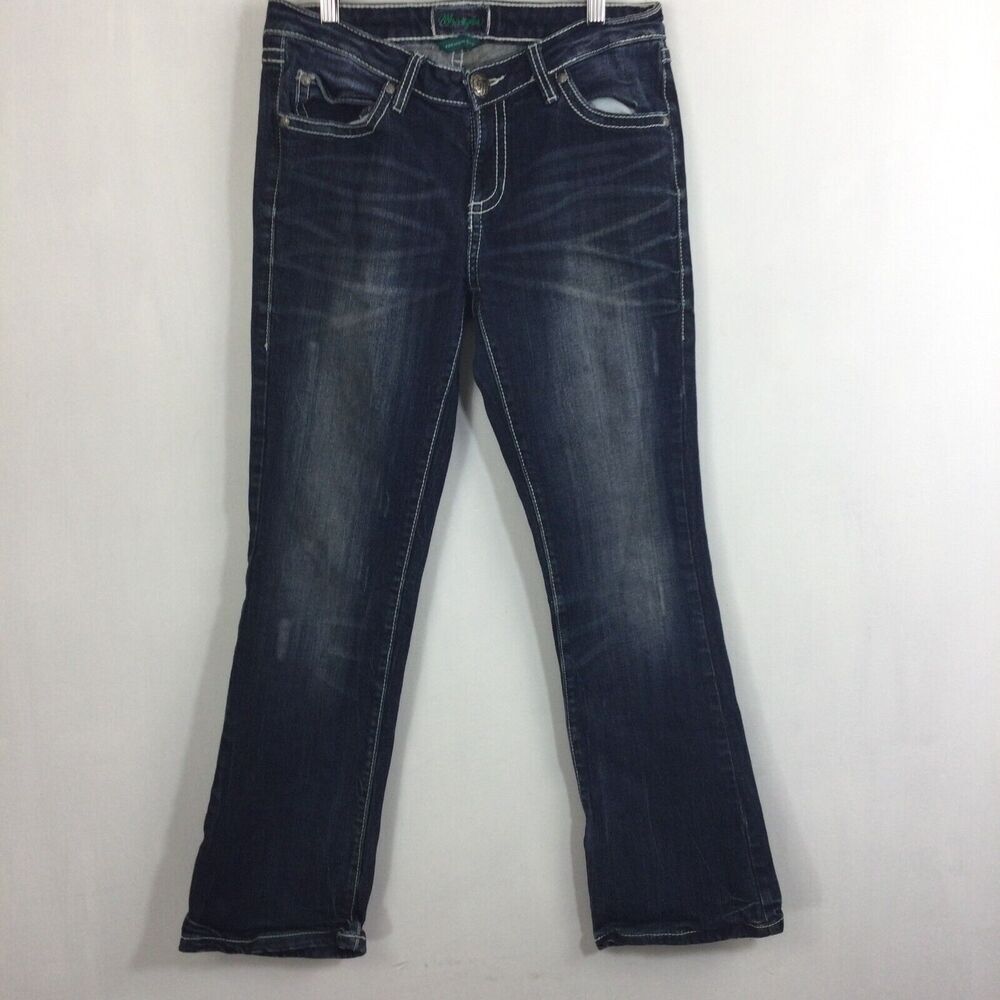 Wrangler Premium Patch Bootcut Mid Rise Western Dark Wash Denim Jeans Blue - Picture 15 of 15